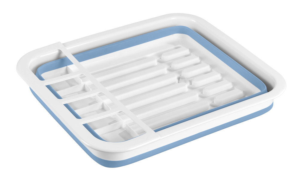 Égouttoir à vaisselle Gaia pliable blanc/bleu  avec porte-couverts et support d'assiettes