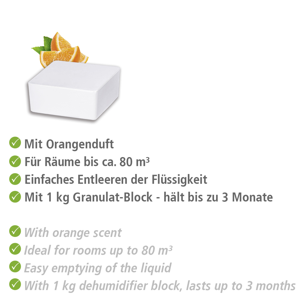 Déshumidificateur d'intérieur Cube - recharge de 1000 g au parfum d'orange  diminue l'humidité de l'air