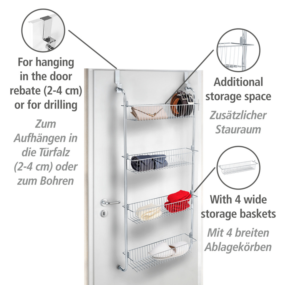 Etagère pour porte, 4 tablettes XL, Chromé   À accrocher sur les portes