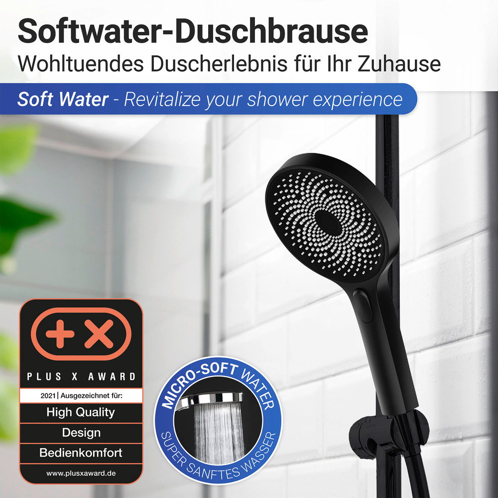 Pommeau de douche 3 jets, ø13 cm, finition noir mat, embout universel 1/2", Softwater  ø13 cm