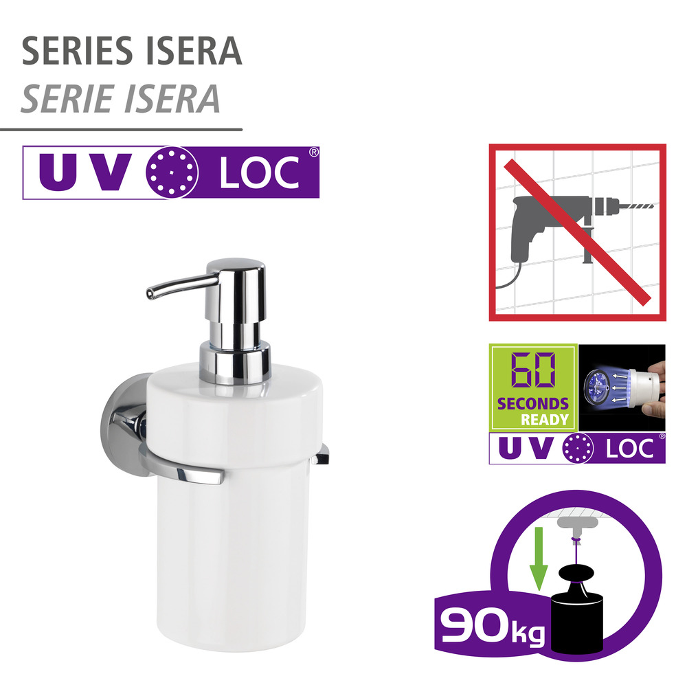 Distributeur de savon UV-Loc® Isera  Fixation sans percer grâce à un système adhésif innovant