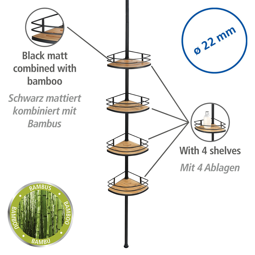 Etagère d'angle de douche, étagère salle de bain telescopique, acier noir et étagère en bois bambou, Dolcedo  inoxydable, étagère de douche