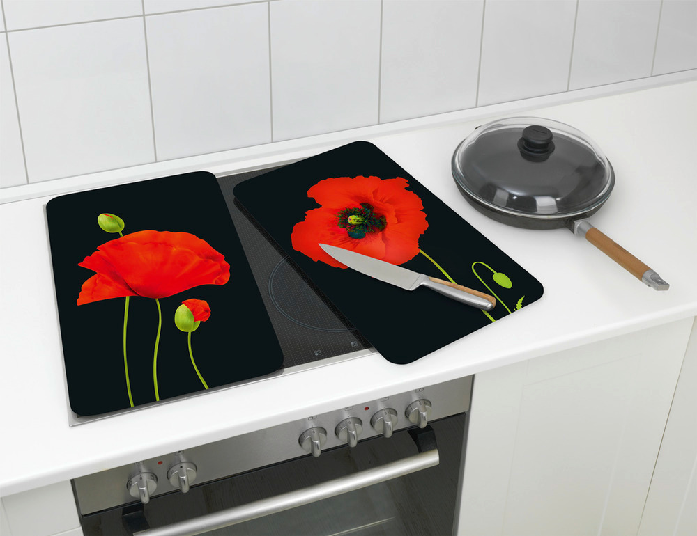 Protection plaque de cuisson en verre, Coquelicot, lot de 2  pour tous les types de feux