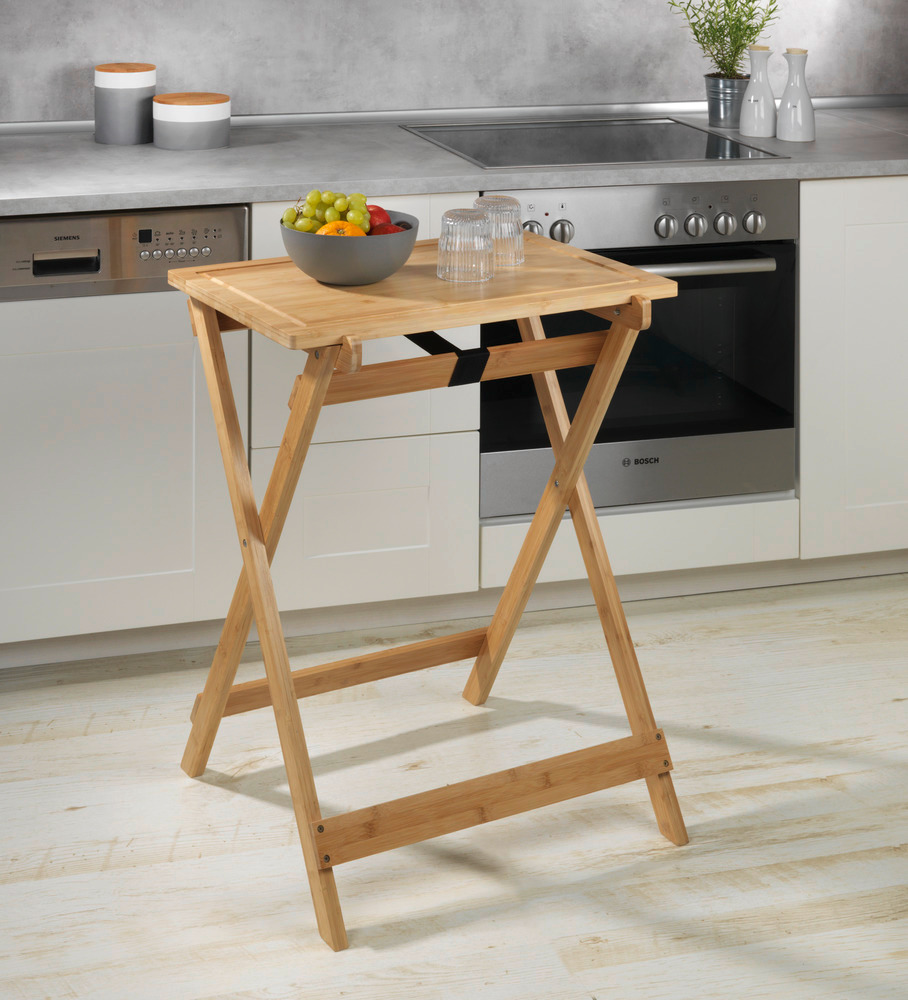 Table d'appoint bois pliable, 2en1 avec plateau amovible, planche à découper, bambou, Lugo  avec plateau