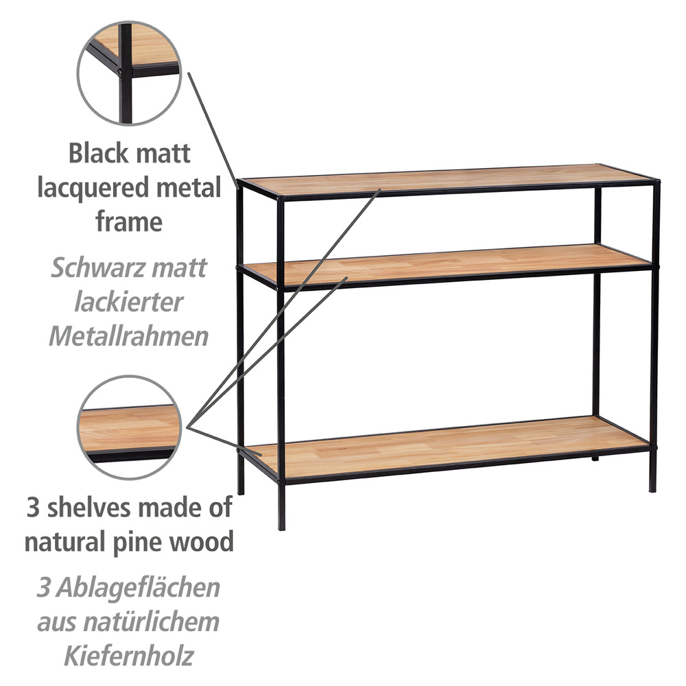 Console meuble, Console bois métal noir, 3 plateaux, 100x80x35 cm  Étagère avec 3 tablettes