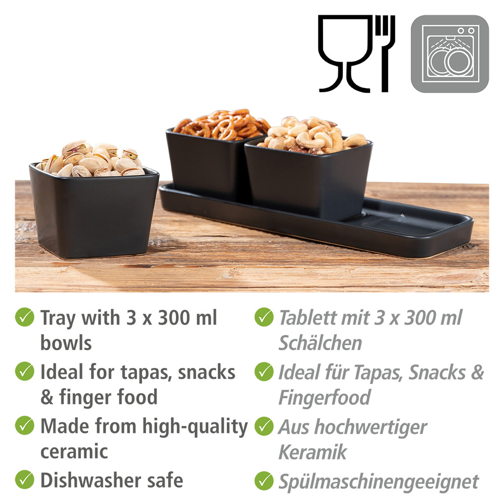 Set apéritif avec plateau et 3 coupelles Snack & Dip  Plateau avec 3 x 300ml