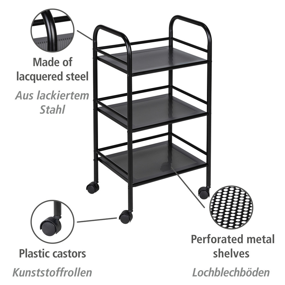 Chariot de salle de bain avec 3 étagères Noir  en acier peint