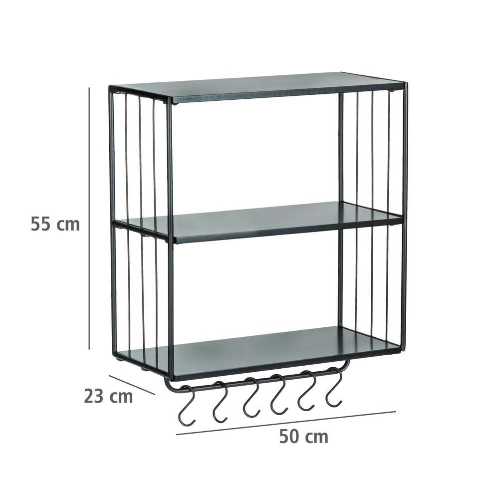 Etagère murale industrielle cuisine, métal noir, 3 plateaux avec barre de crédence et crochet de suspension, 50 x 50 x 23 cm  Étagère murale avec 3 étagères et un rail à crochets