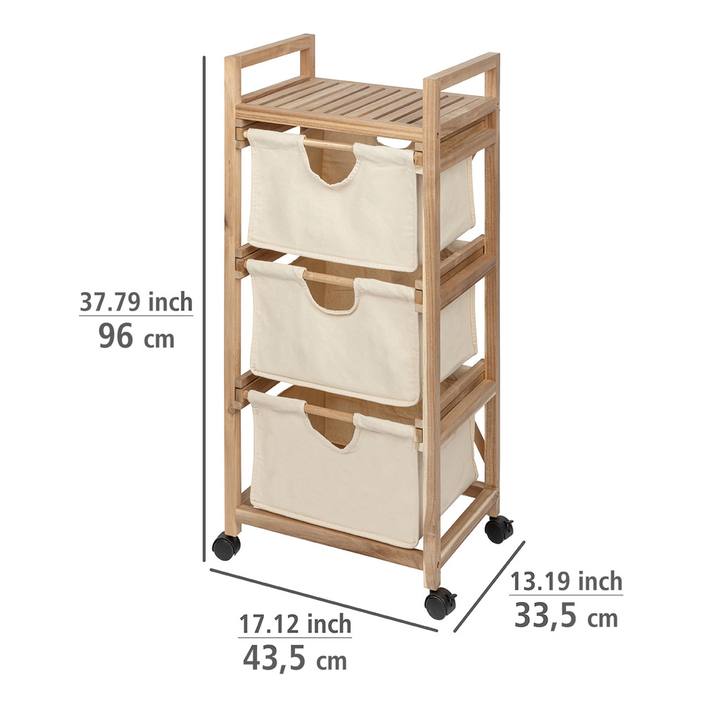 Etagère à roulettes 3 niveaux, avec panier tiroir souple, bois FSC, Acina, 43,5x96x33,5 cm  Etagere sur roulette avec 3 paniers de rangement4 roulettes, 2 freins