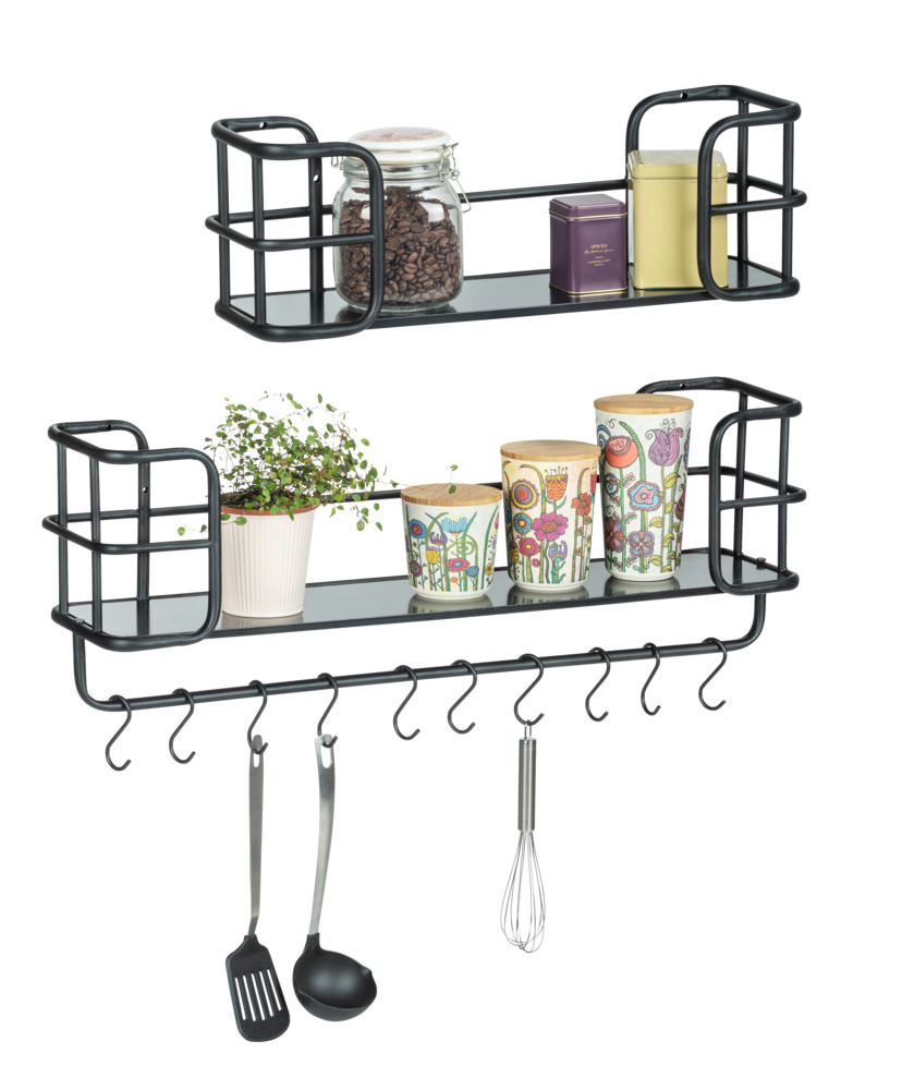 Etagère murale industrielle cuisine, noir, Lot de 2, avec barre de crédence et crochet de suspension, 79 x 28 x 19,5 cm et 53 x 17,5 x 17,5 cm  Ensemble de 2 étagères murales