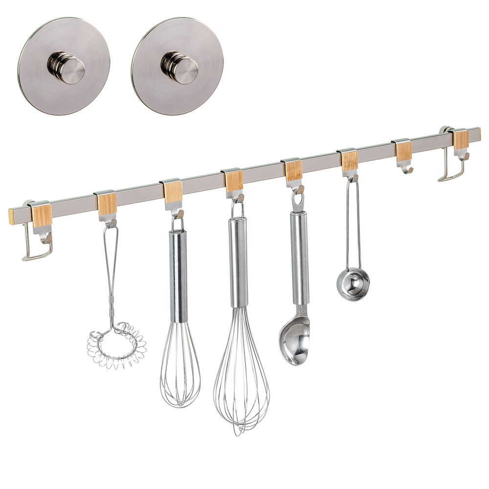 Barre de crédence cuisine Premium, Porte Ustensiles de cuisine mural avec 8 crochets de suspension,   Acier - Bambou, 60x4x2,5 cm, Brillant - Marron