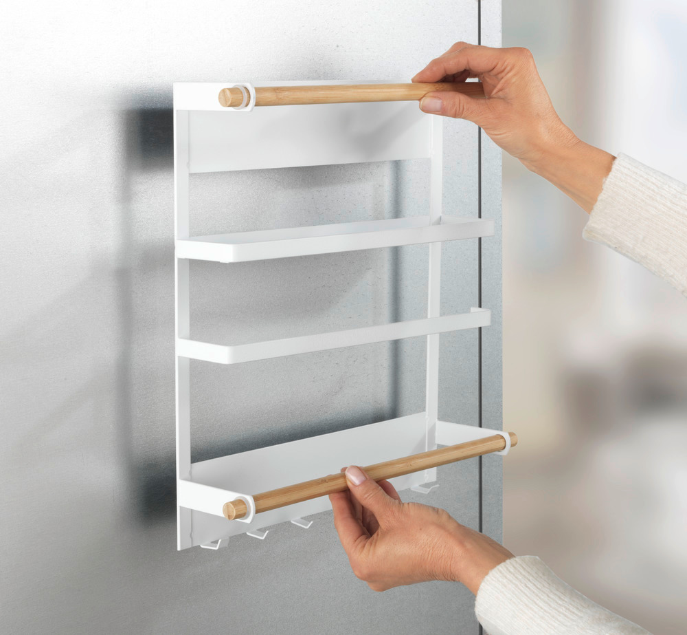 Etagère magnétique frigo, réfrégirateur, avec étagère porte épice, dérouleur sopalin magnétique et crochets suspension ustensiles de cuisine, Magna, blanc  Fixation magnétique sans perçage