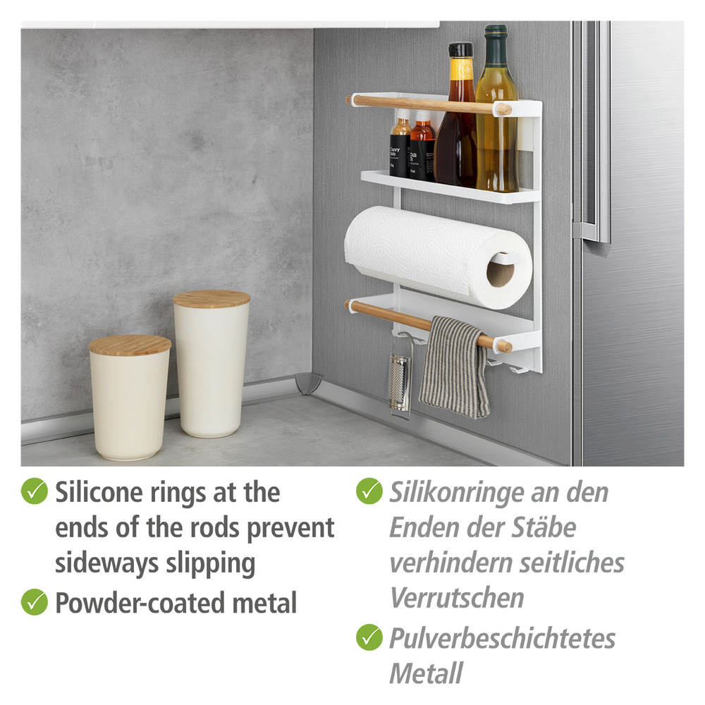 Etagère magnétique frigo, réfrégirateur, avec étagère porte épice, dérouleur sopalin magnétique et crochets suspension ustensiles de cuisine, Magna, blanc  Fixation magnétique sans perçage