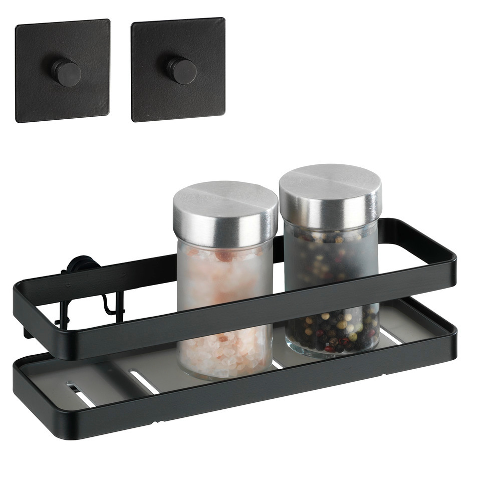 Etagère à épices murale noire Gala, étagère murale cuisine fixation  sans perçage avec adaptateur Turbo-Loc® inclus,   acier, 22x5,5x7 cm, noir mat