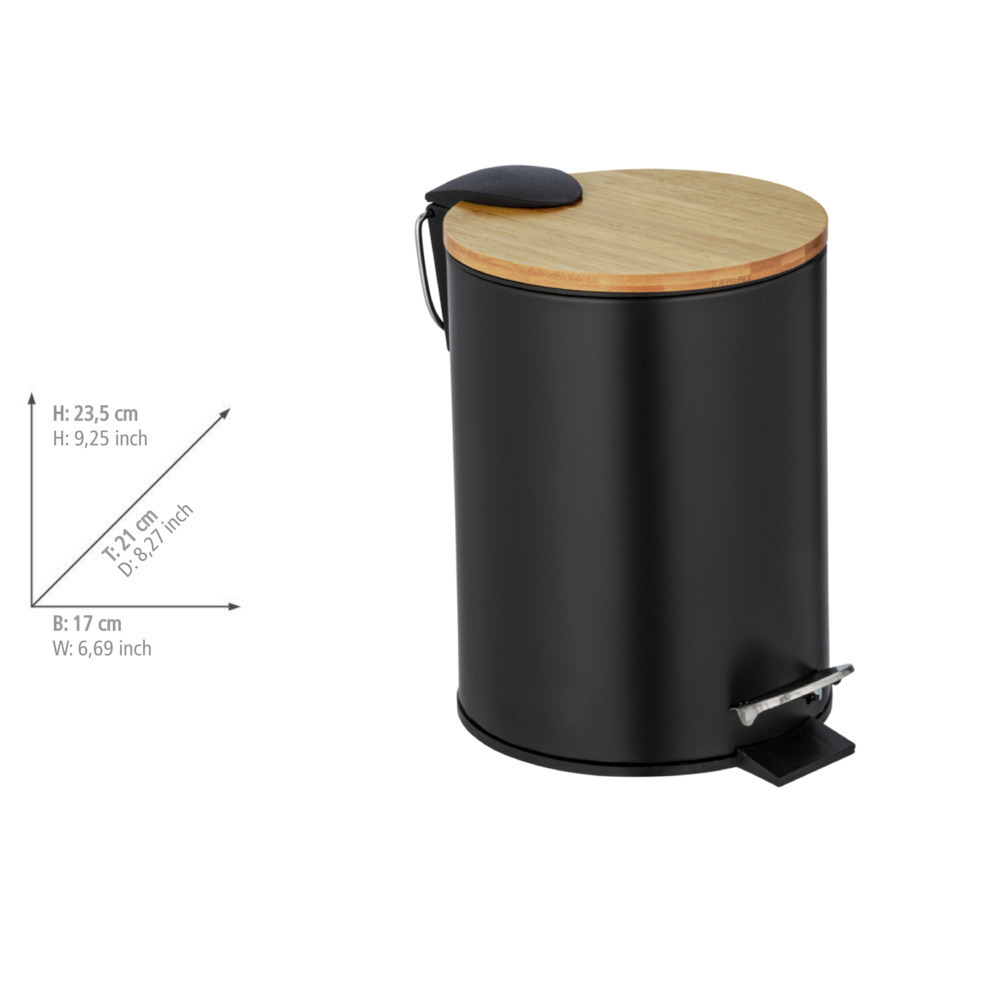 Poubelle à pédale 3L, système de fermeture lente "easy close", en acier inox noir et couvercle en bois bambou  Fermeture avec frein de chute