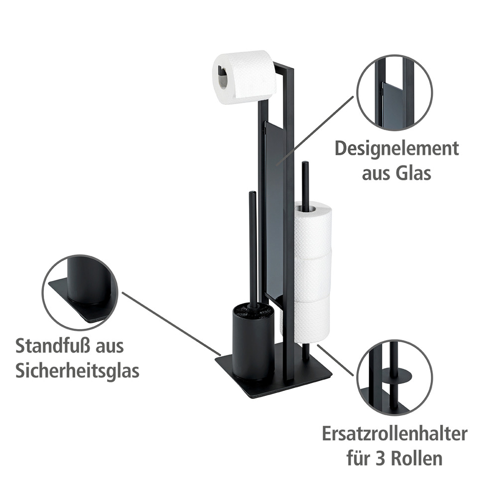 Combiné WC sur pied Rivalta, Brosse WC et dérouleur papier toilette, noir mat  support de papier toilette et porte-brosse WC intégrés