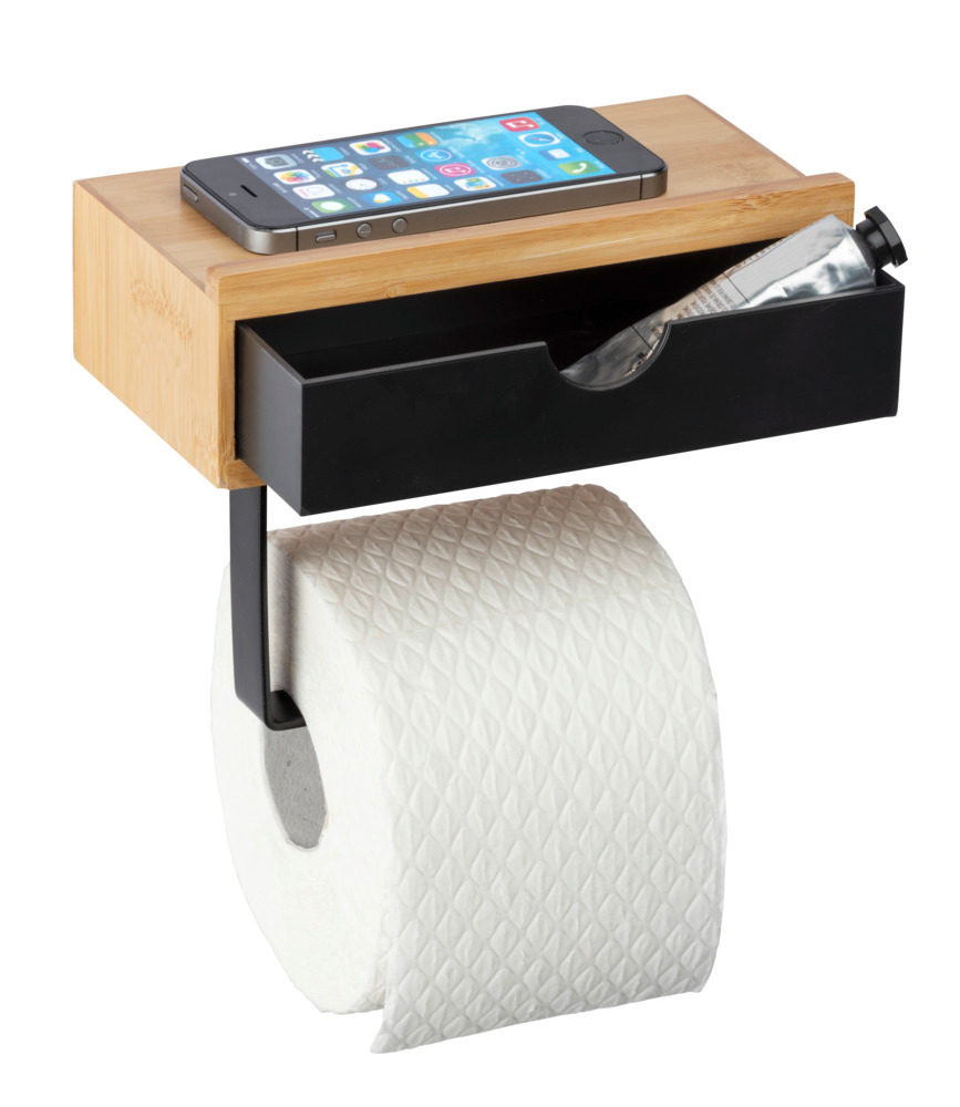 Porte papier toilette bois, avec support smartphone, et tiroir pratique de rangement, Bambusa  en Bambou