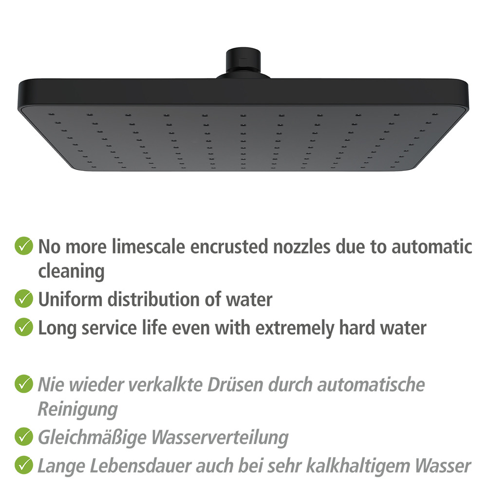 Pommeau de douche italienne, tête de douche effet pluie, anticalcaire, 250x170 mm, finition noir, nettoyage automatique  25 x 17 cm