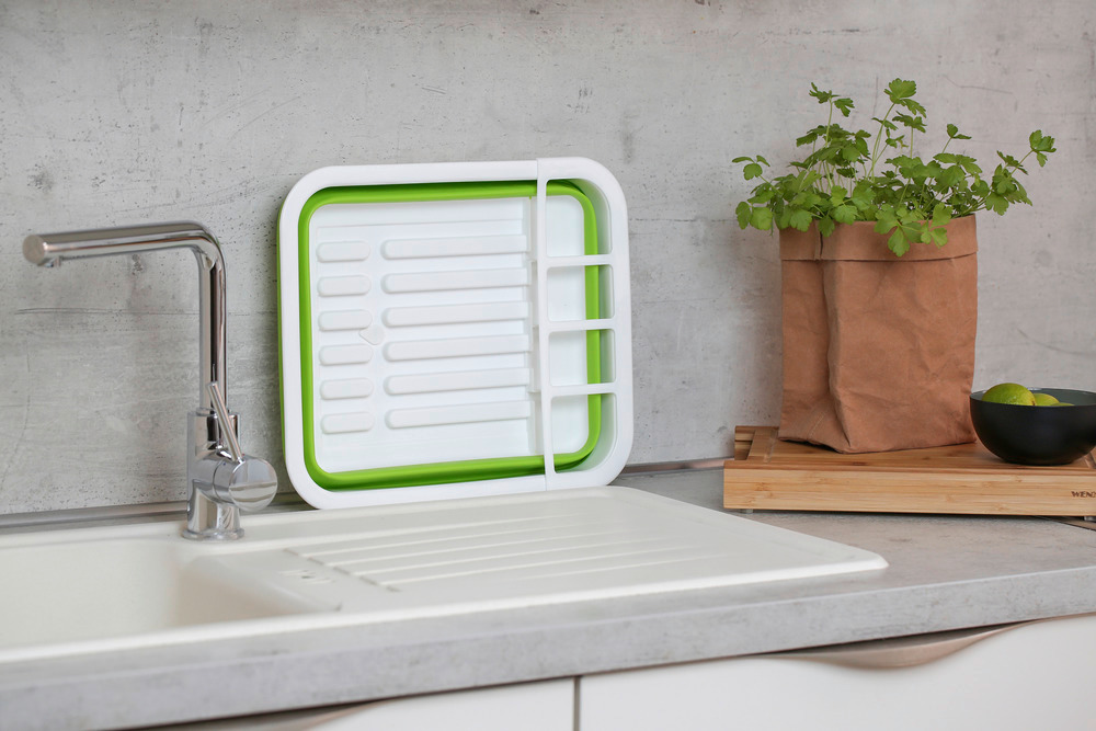 Égouttoir à vaisselle pliable blanc/vert  avec porte-couverts et support d'assiettes