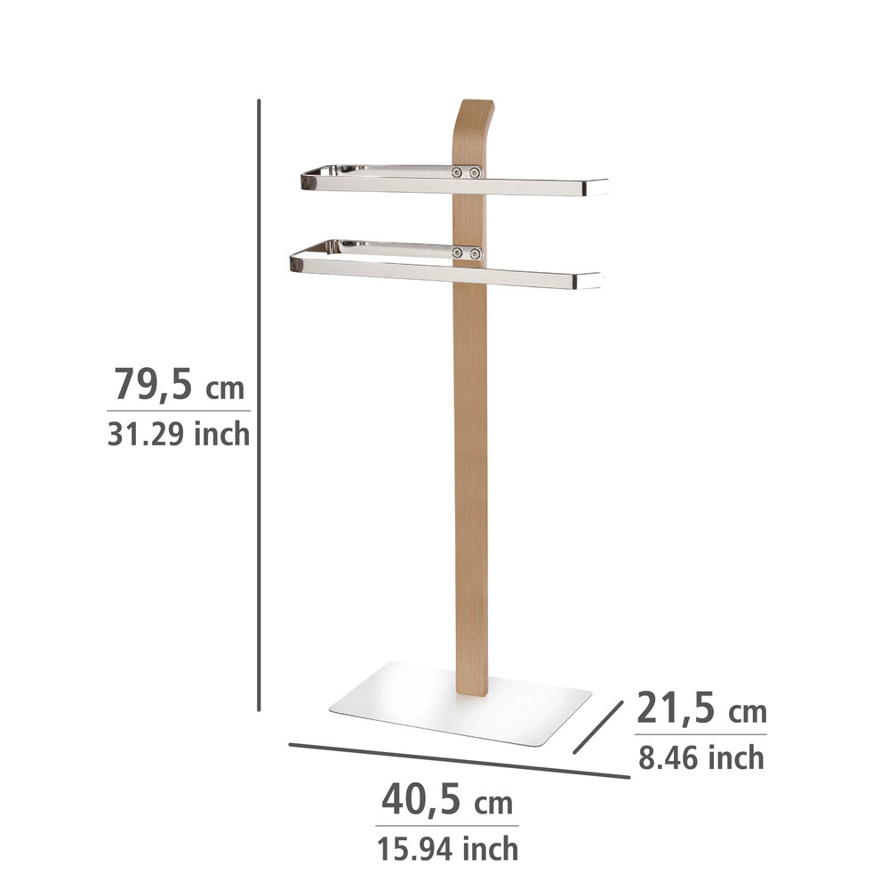 Porte serviette salle de bain sur pied Samona Nature, chromé - bois,  40,5x79,5x21,5 cm  piétement en bois stratifié