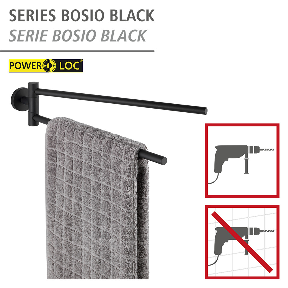 Porte-serviettes Bosio, 2 bras, noir mat, adhésif inclus,  Fixer sans percer - Power-Loc®