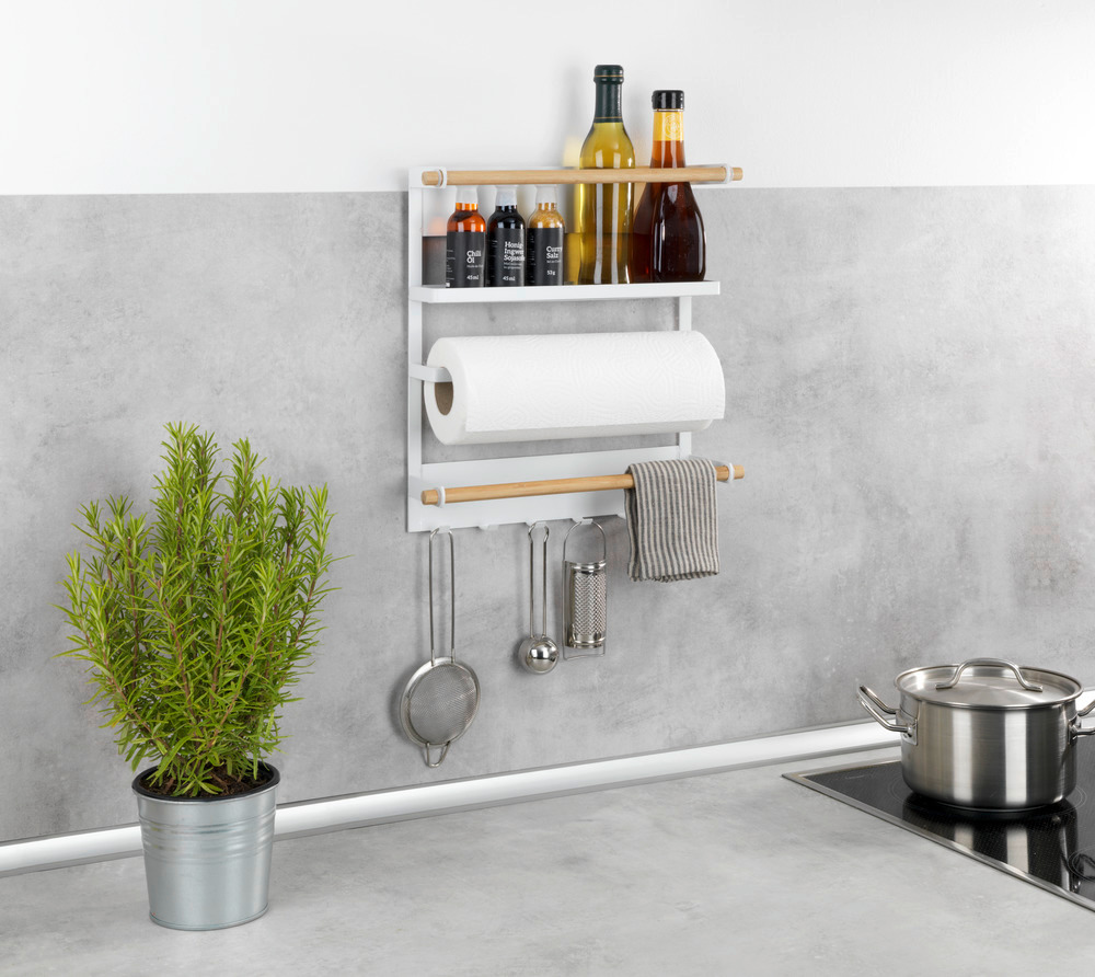 Etagère magnétique frigo, réfrégirateur, avec étagère porte épice, dérouleur sopalin magnétique et crochets suspension ustensiles de cuisine, Magna, blanc  Fixation magnétique sans perçage