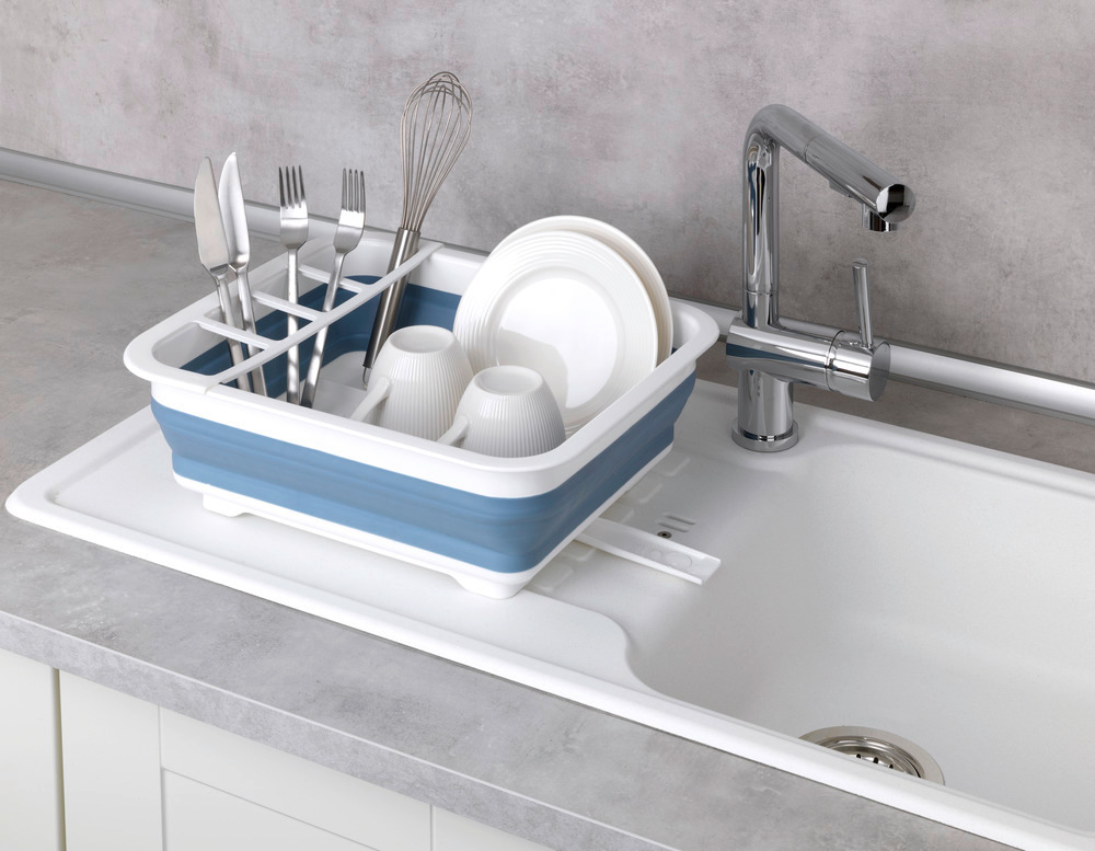 Égouttoir à vaisselle Gaia pliable blanc/bleu  avec porte-couverts et support d'assiettes