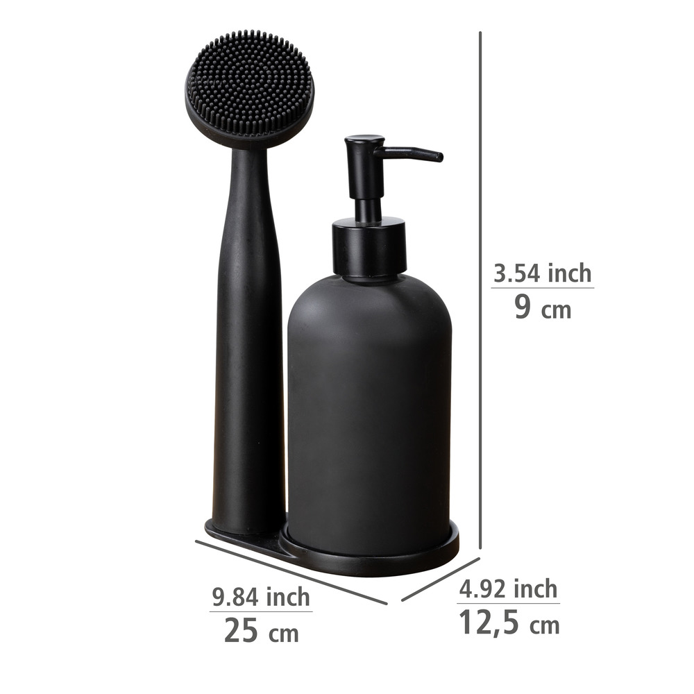 Set de rinçage Piedo, 3 pièces  Distributeur de produit à vaisselle en verre, brosse à vaisselle, support