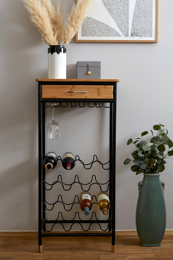 Étagère à vin, porte bouteille design Loft pour 16 bouteilles avec tiroir et porte verre suspendu  en bambou