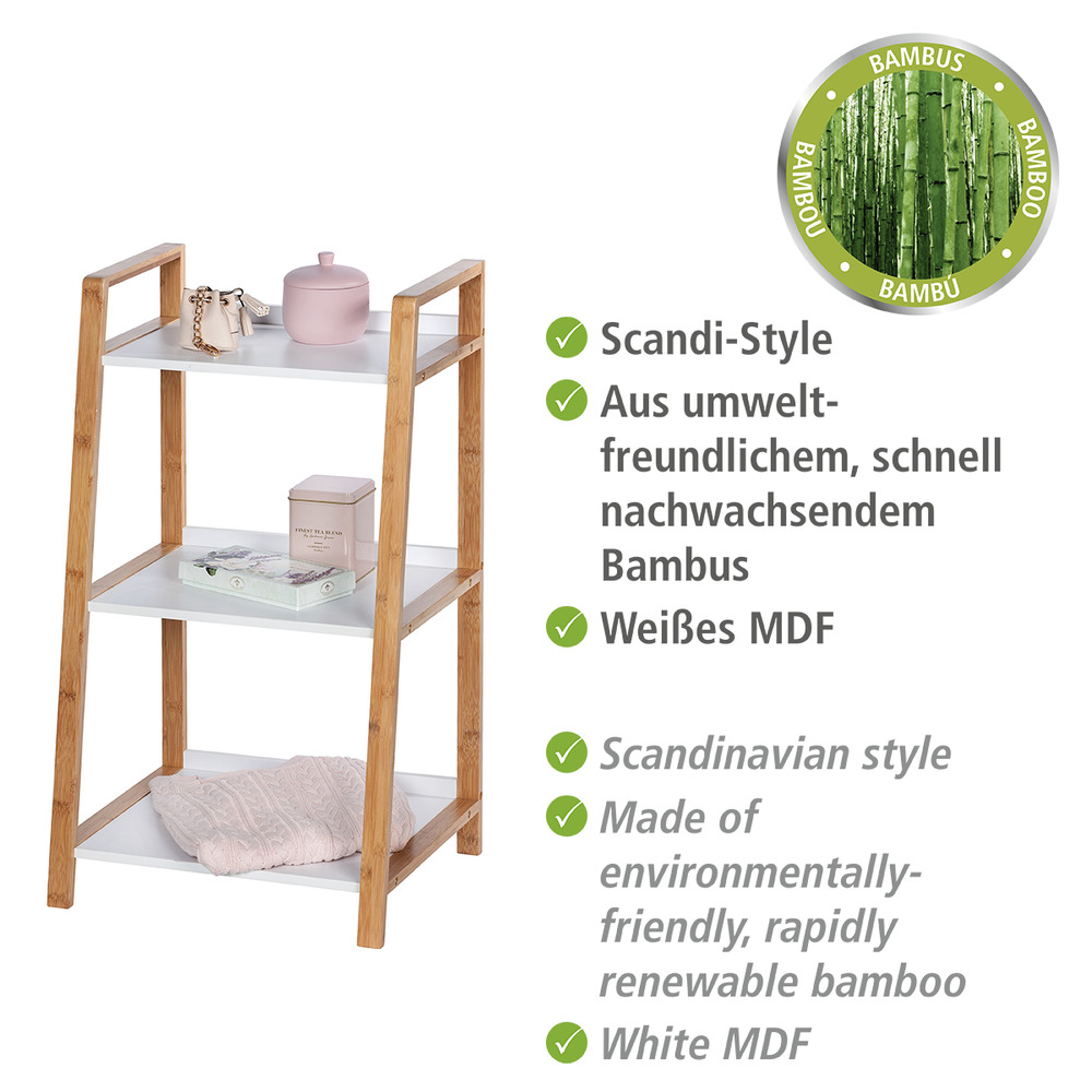 Étagère salle de bain bambou Finja, petit meuble de rangement salle de bain, 3 niveaux, H76 cm  en bambou