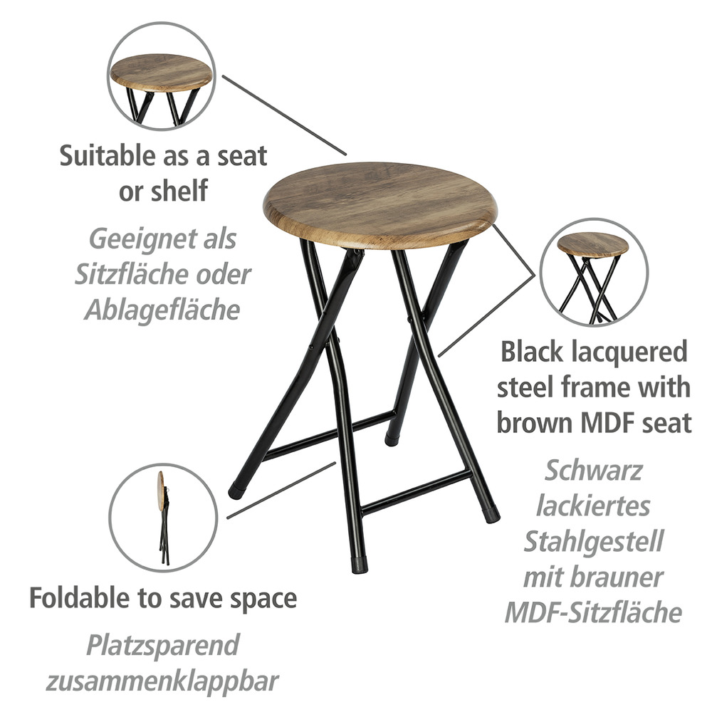 Tabouret d'appoint, tabouret pliablen acier noir et assise en bois, Forio ø30x46 cm  Taboutet d'appoint, bout de canapé