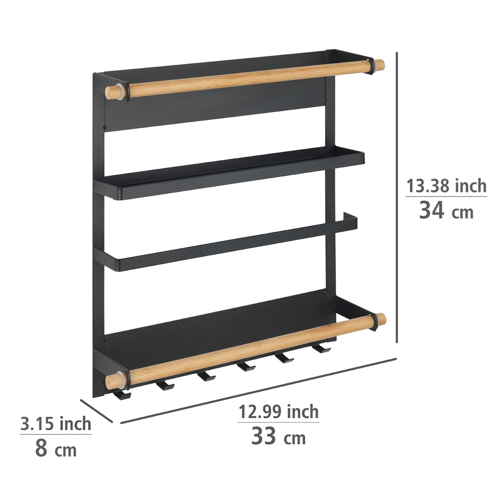 Etagère magnétique frigo, réfrégirateur, avec étagère porte épice, dérouleur sopalin magnétique et crochets suspension ustensiles de cuisine, Magna, noir  Fixation magnétique sans perçage