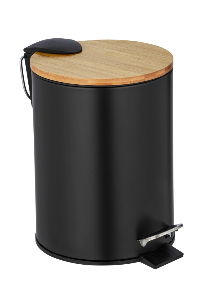 Poubelle à pédale 3L, système de fermeture lente "easy close", en acier inox noir et couvercle en bois bambou  Fermeture avec frein de chute