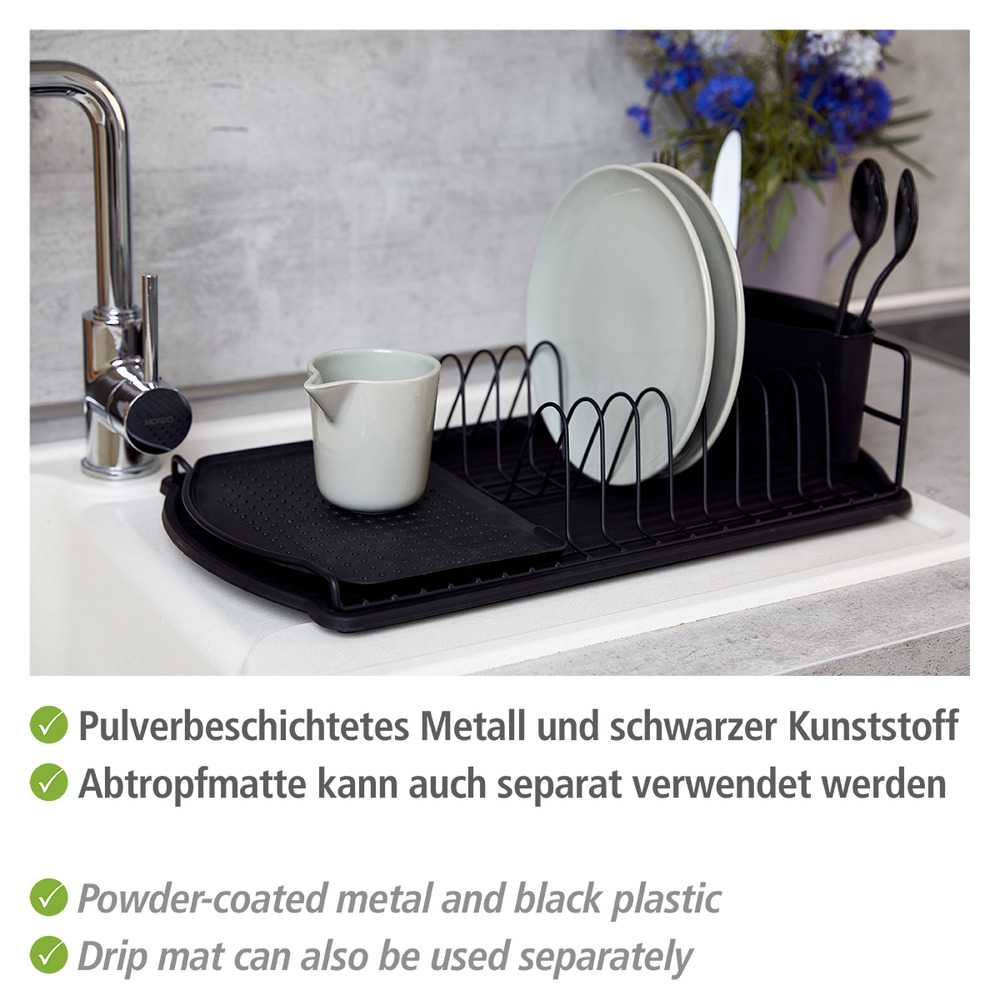 WENKO Egouttoir vaisselle inox, Egouttoir vaisselle cuisine avec plateau  amovible, aluminium inox - plastique, 46,5x13x31,5 cm, argent mat - noir
