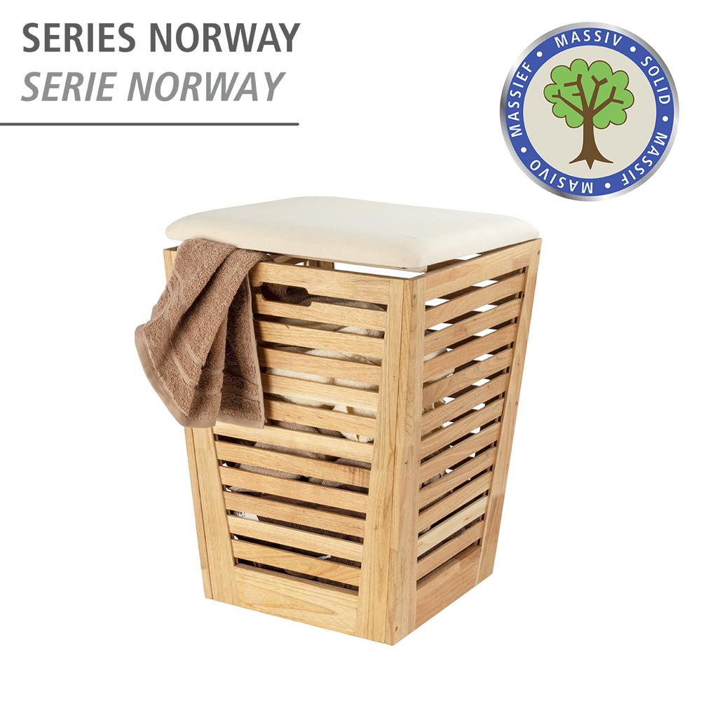 WENKO Tabouret panier à linge bois, coffre à linge bois, Norway style  scandinave, 65L, lot de 2 éponges offertes