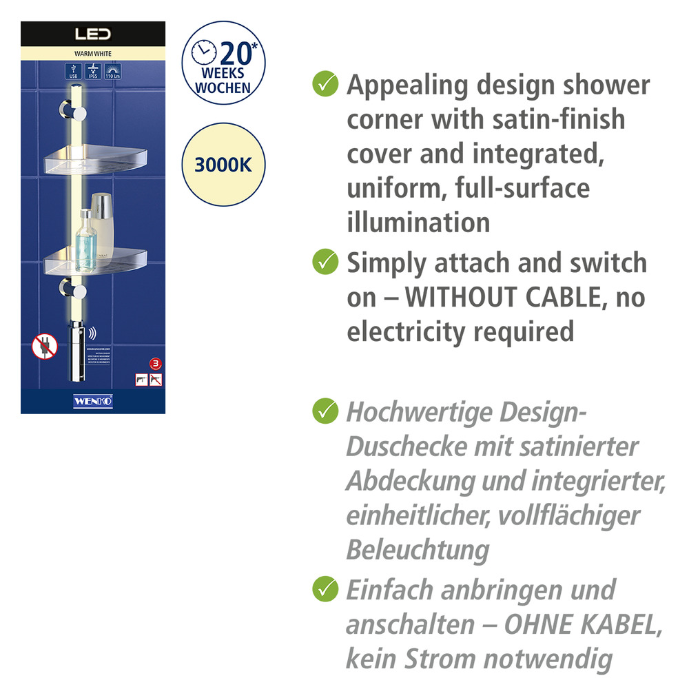Étagère de douche sans perçage Power-Loc, rétroéclairage LED, WENKO, WENKO
